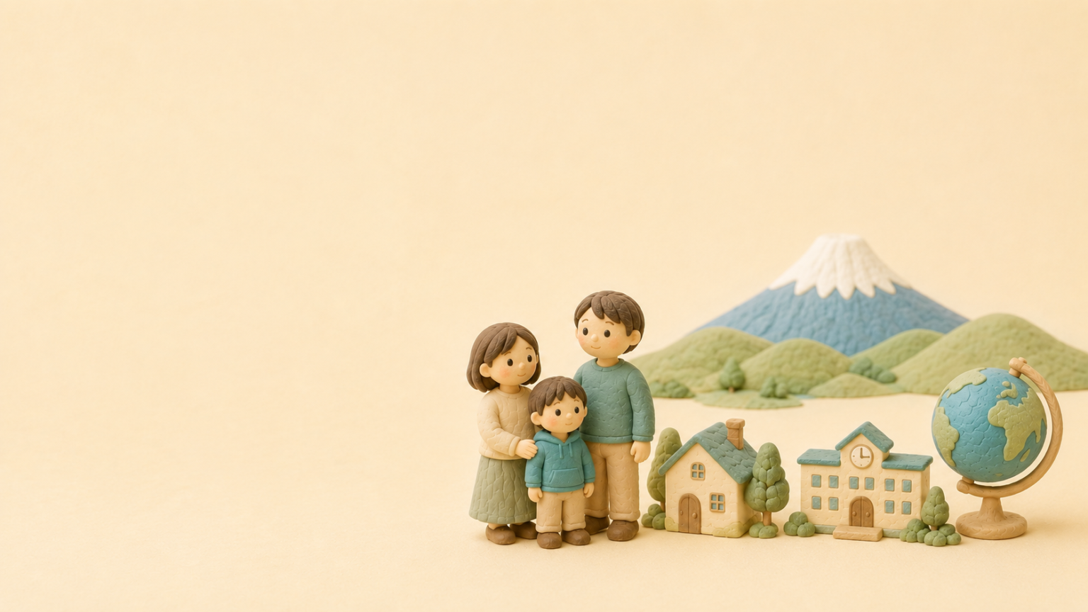 Clay-style miniature scene of a family, home, school, Mount Fuji and a globe representing Shizuoka and international connection
