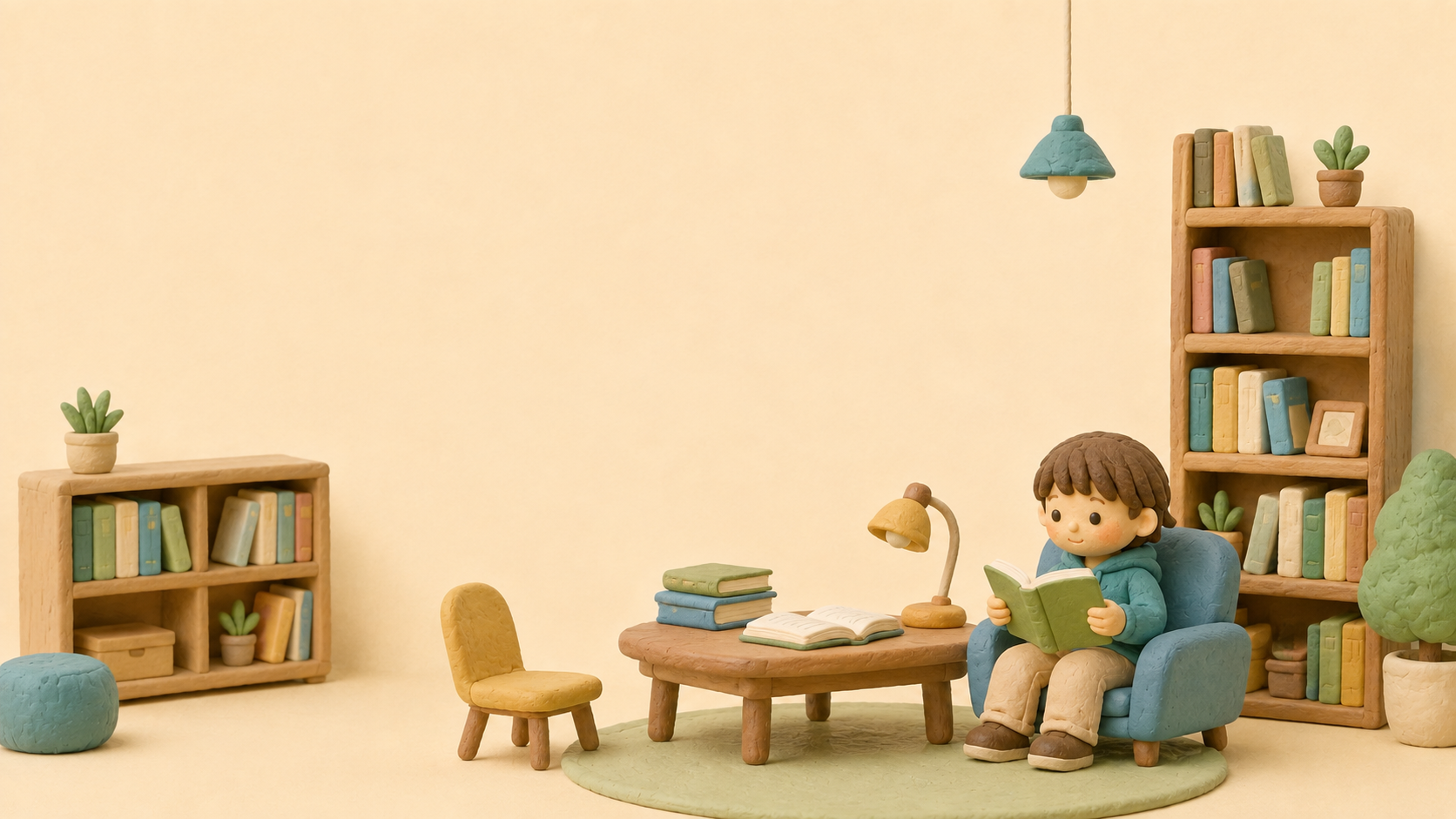 本棚と読書スペースのある粘土風の小さな図書室。場面緘黙について読み、調べ、考える場所を表現したイラスト